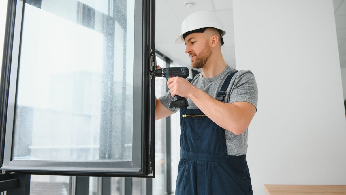 Construction worker repairing plastic window with screwdriver indoors, space for text. Banner design